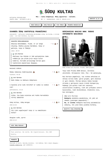 Šūdų kultas Nr. 1 – pirmas puslapis